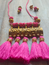 Pink Thread Closure Fabric Beads Antique Gold Finish Necklace Set with Peacock Detailing