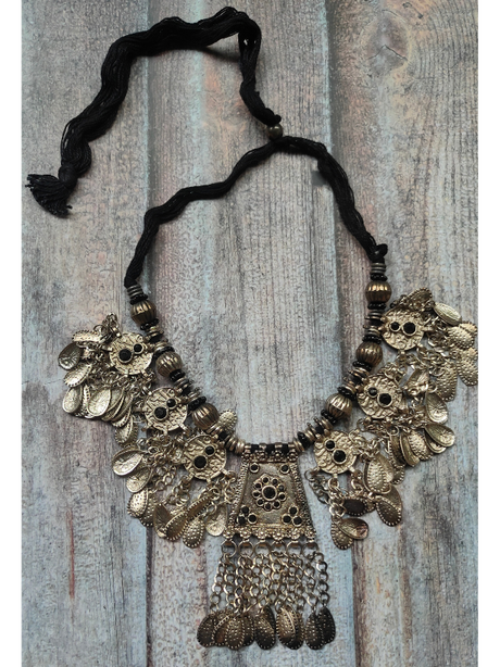 Rhinestones Embedded Afghani Necklace Set with Charms and Thread Closure