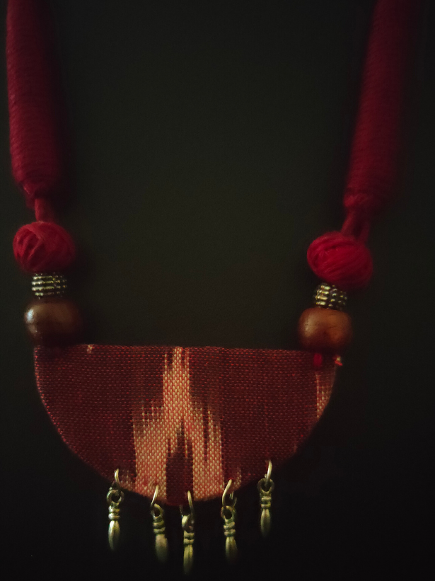 Maroon Ikat Fabric Necklace Set with Wooden Beads and Metal Charms