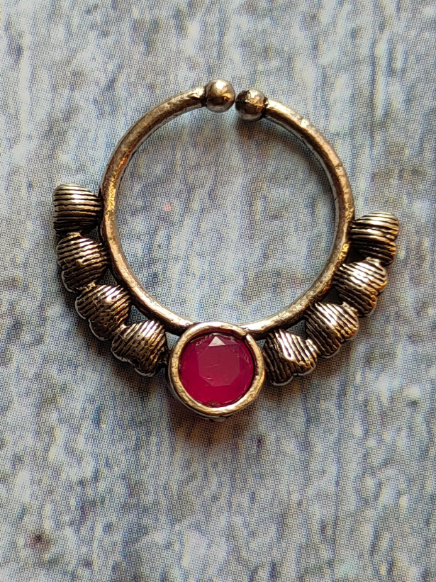 Four Stone Studded Oxidised Silver Septum Nosepins