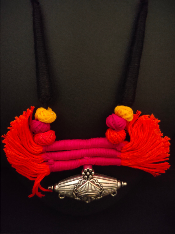 Handcrafted Thread Necklace with Fabric Beads and Metal Pendant
