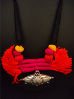 Load image into Gallery viewer, Handcrafted Thread Necklace with Fabric Beads and Metal Pendant
