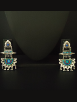 Load image into Gallery viewer, Long Beaded Afghani Earrings with Blue Stone
