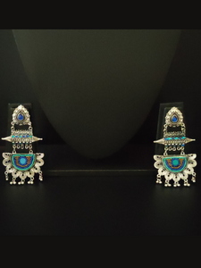 Long Beaded Afghani Earrings with Blue Stone