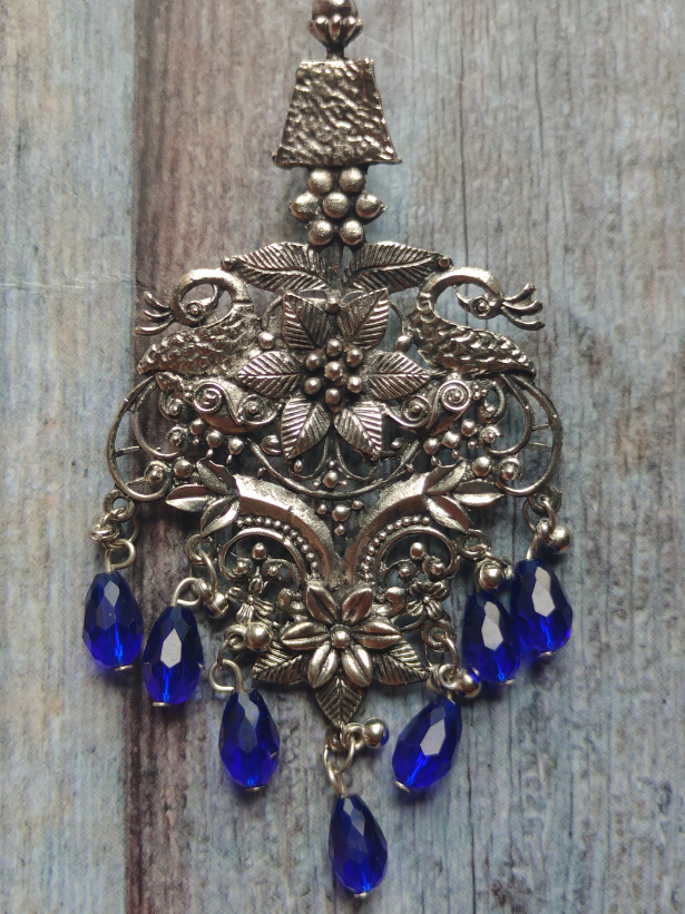 Flowers Motif Jali Pattern Statement Dangler Earrings with Blue Glass Beads