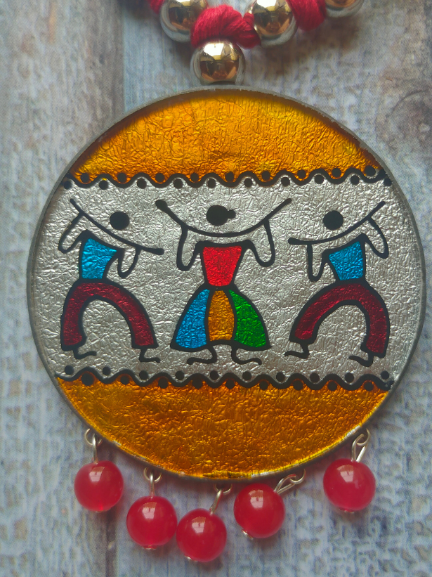 Hand Painted Tribal Motifs on Glass Necklace Set with Thread Closure