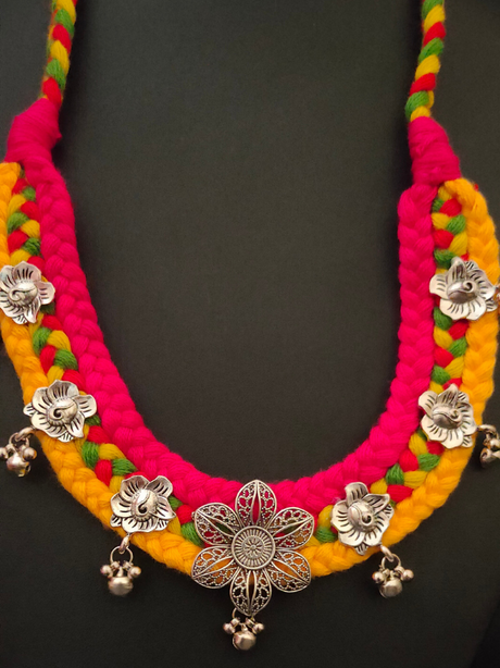 Yellow & Pink Braided Fabric Threads Necklace Set with Hand-Painted Earrings