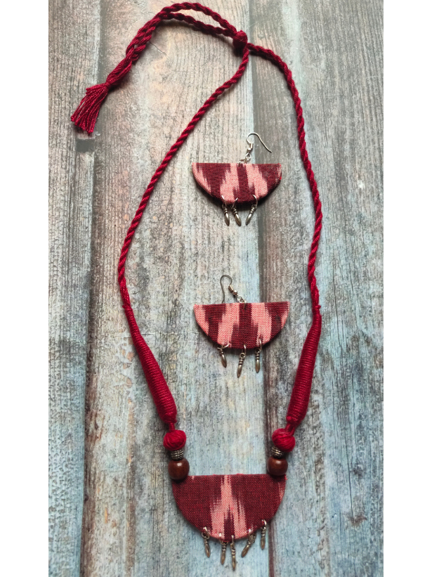 Maroon Ikat Fabric Necklace Set with Wooden Beads and Metal Charms