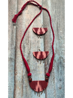 Load image into Gallery viewer, Maroon Ikat Fabric Necklace Set with Wooden Beads and Metal Charms
