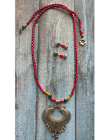 Load image into Gallery viewer, Paan Shaped Metal Pendant Necklace Set with Braided Threads Closure
