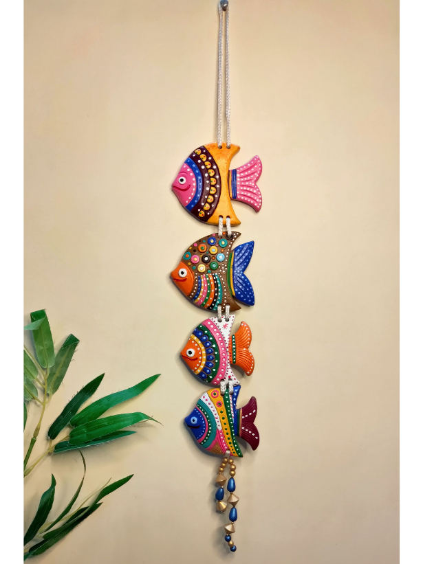 Handmade and Hand-Painted 4 Floral Fishes Terracotta Wall Hanging