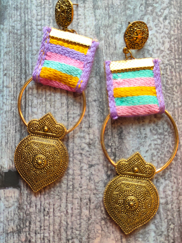 Antique Gold Finish Metal and Fabric Long Earrings