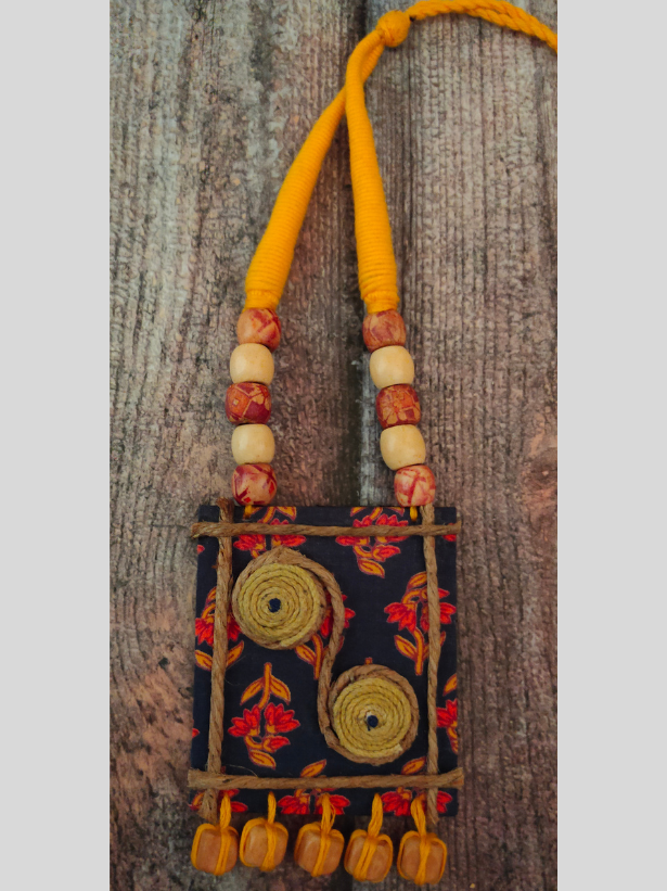 Wooden Beads, Fabric and Jute Work Necklace Set with Thread Closure
