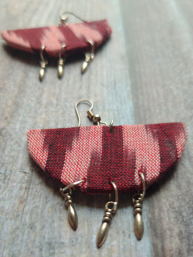 Maroon Ikat Fabric Necklace Set with Wooden Beads and Metal Charms