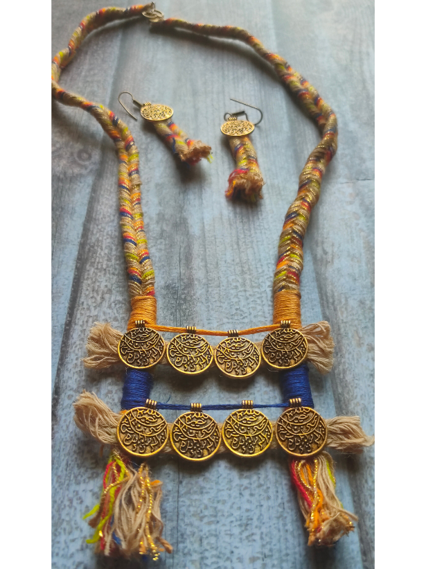 Fabric and Metal Coins Contemporary Handcrafted Necklace Set