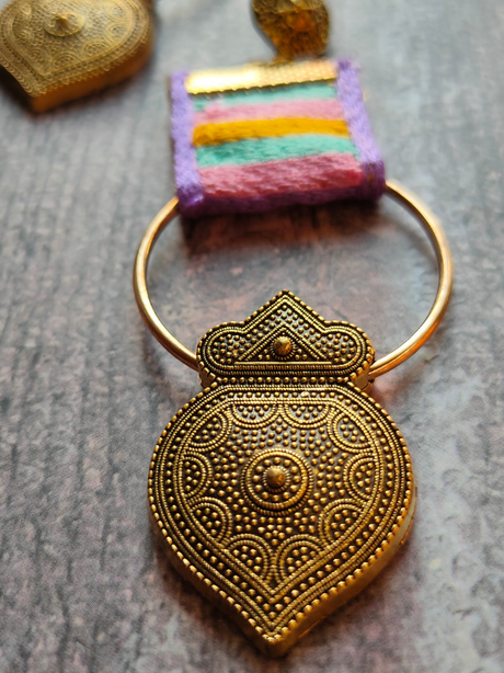 Antique Gold Finish Metal and Fabric Long Earrings