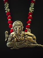 Load image into Gallery viewer, Statement Ganesha Necklace with Red Fabric Beads
