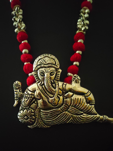 Statement Ganesha Necklace with Red Fabric Beads