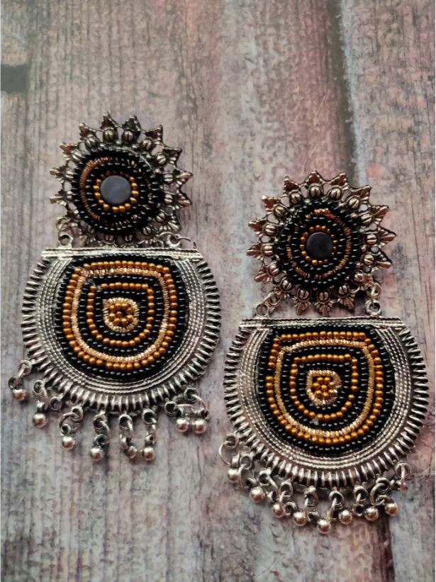 Oxidised Silver Metal Earrings with Black and Golden Beads