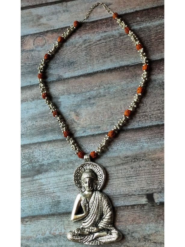 Buddha Silver Rudraksha Beads and Metal Beads Necklace