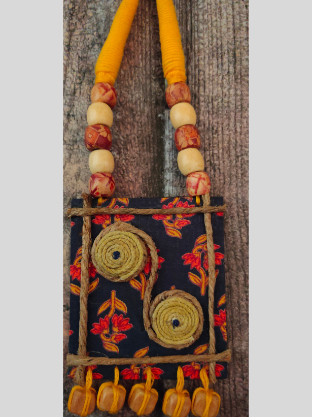 Wooden Beads, Fabric and Jute Work Necklace Set with Thread Closure
