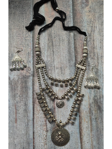 3 Layer Metal Necklace Set with Religious Motif Pendant and Thread Closure