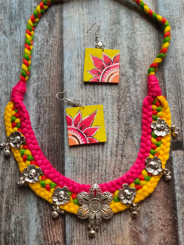 Yellow & Pink Braided Fabric Threads Necklace Set with Hand-Painted Earrings