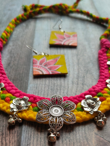 Yellow & Pink Braided Fabric Threads Necklace Set with Hand-Painted Earrings