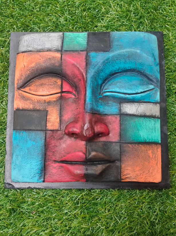 Handcrafted Terracotta Clay Buddha Face on a Wooden Frame Wall Decor