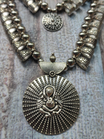 Load image into Gallery viewer, 3 Layer Metal Necklace Set with Religious Motif Pendant and Thread Closure
