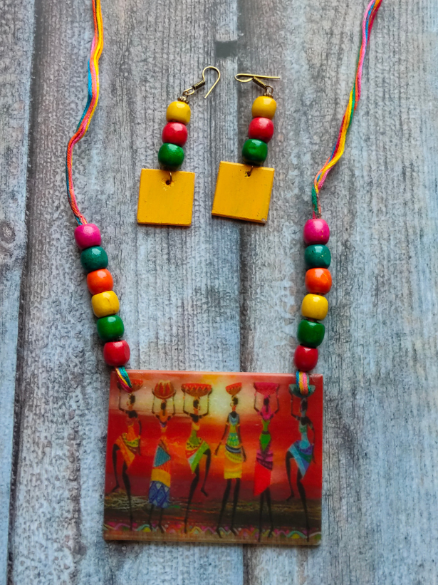 Tribal Motifs Printed Pure Marble Necklace Set with Wooden Beads & Multi-Color Threads