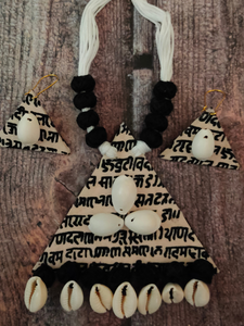 Mantra Printed Fabric and Shell Work Necklace Set with Thread Closure