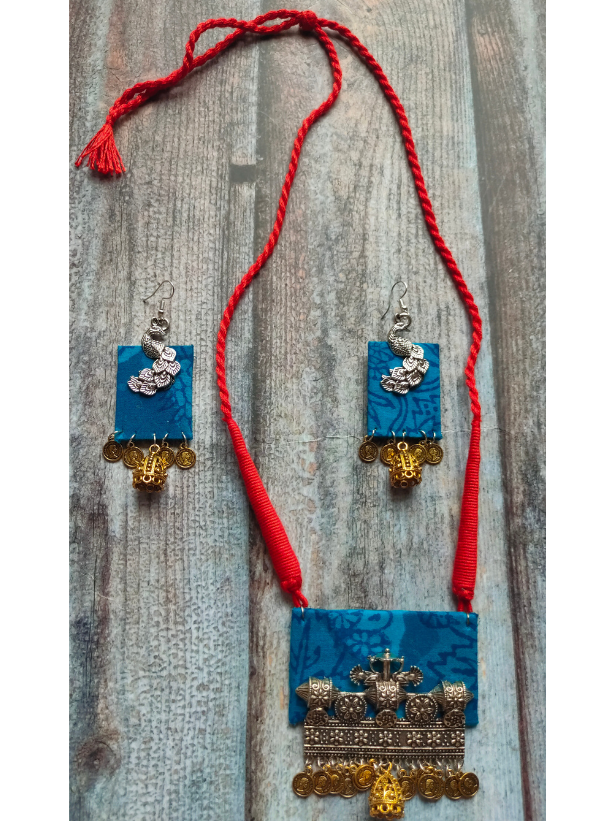 Blue Fabric Necklace Set with Dual Tone Metal Pendant
