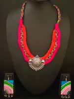 Load image into Gallery viewer, Red &amp; Pink Braided Fabric Threads Necklace Set with Hand-Painted Earrings
