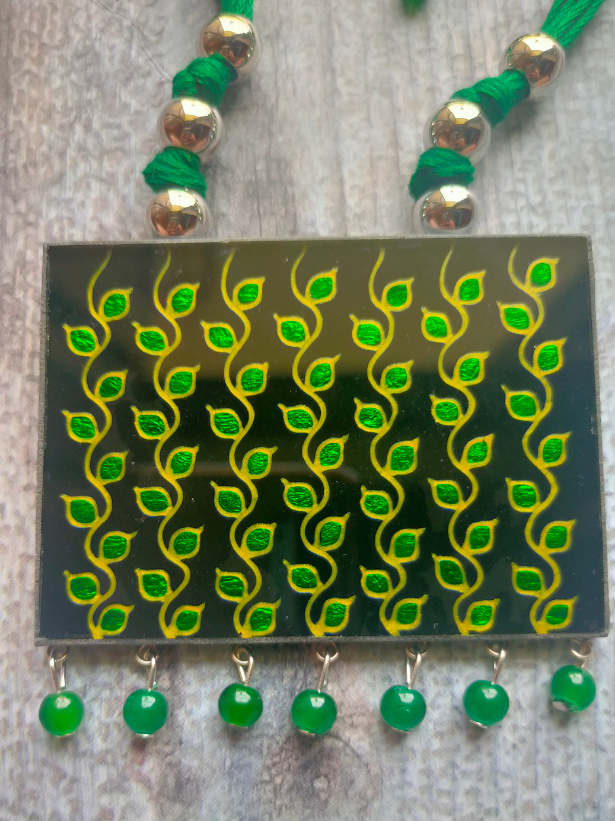 Hand Painted Leaf Motifs on Glass Necklace Set with Thread Closure