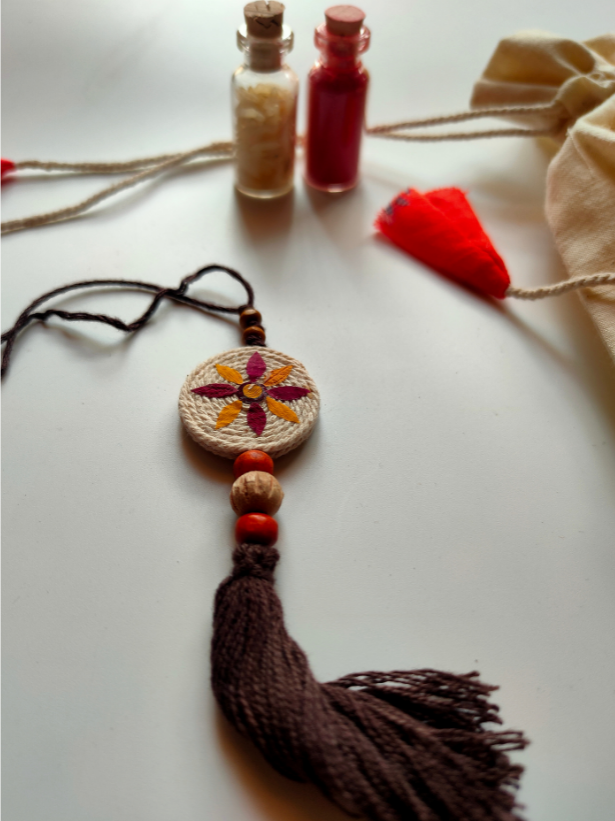 Eco-Friendly Handmade Jute Lumba Rakhi with Dried Leaves and Flower Petals (Comes with a Reusable Cloth Pouch and Recycled Paper Card)