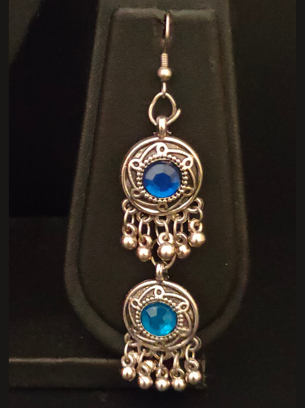 3 Layer Blue Stones Oxidised Silver Necklace Set with Thread Closure