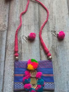 Fabric, Pom Pom and Mirror Work Vibrant Handcrafted Necklace Set