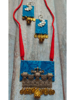 Load image into Gallery viewer, Blue Fabric Necklace Set with Dual Tone Metal Pendant
