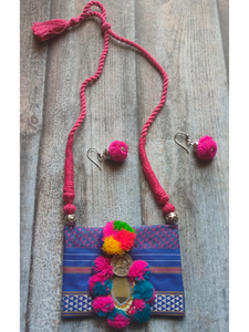 Fabric, Pom Pom and Mirror Work Vibrant Handcrafted Necklace Set