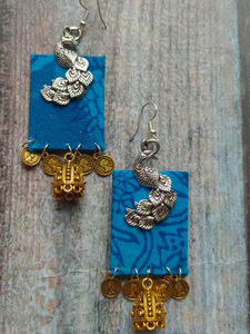 Blue Fabric Necklace Set with Dual Tone Metal Pendant