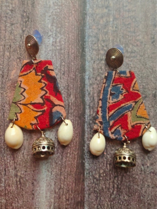 Multi-Color Kalamkari Fabric Shell Work Earrings