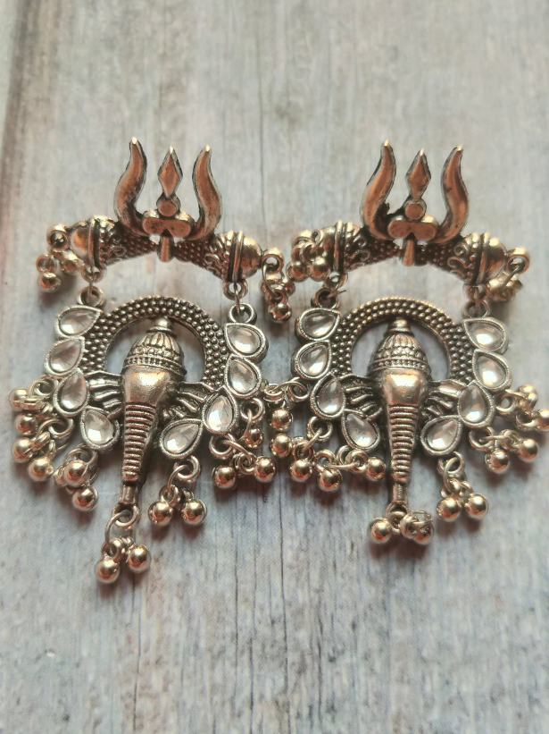 Trishul and Elephant Motif Metal Dangler Earrings