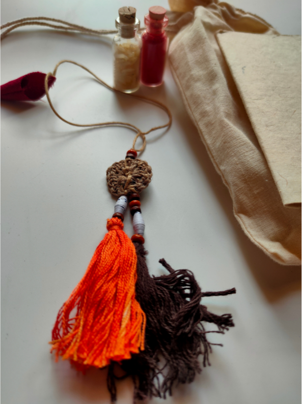 Eco-Friendly Handmade Jute & Thread Lumba Rakhi with Dried Leaves and Flower Petals (Comes with a Reusable Cloth Pouch and Recycled Paper Card)