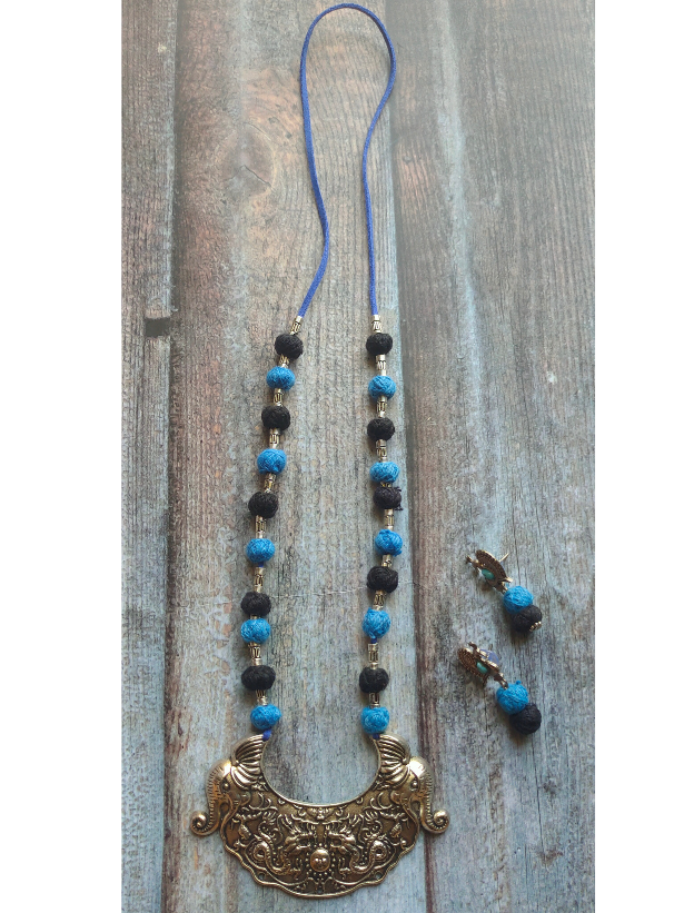 Statement Metal Pendant Fabric Beads Necklace Set