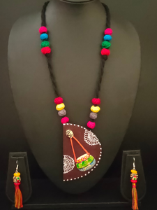 Hand-Painted Fabric and Clay Necklace Set with Fabric Beads