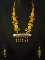 Load image into Gallery viewer, Statement Yellow Necklace Set with Tibetan Stones, Fabric and Ghungroos
