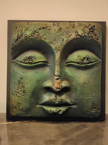 Handcrafted Terracotta Clay Buddha Face on a Wooden Frame Wall Decor