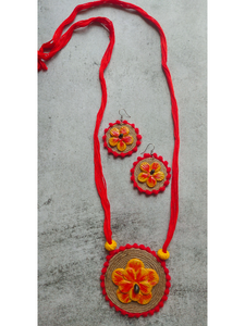 Handcrafted Jute and Fabric Necklace Set with Wooden Flowers