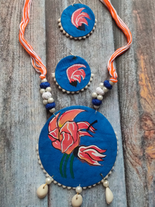 Hand Painted Fabric Necklace Set with Shells